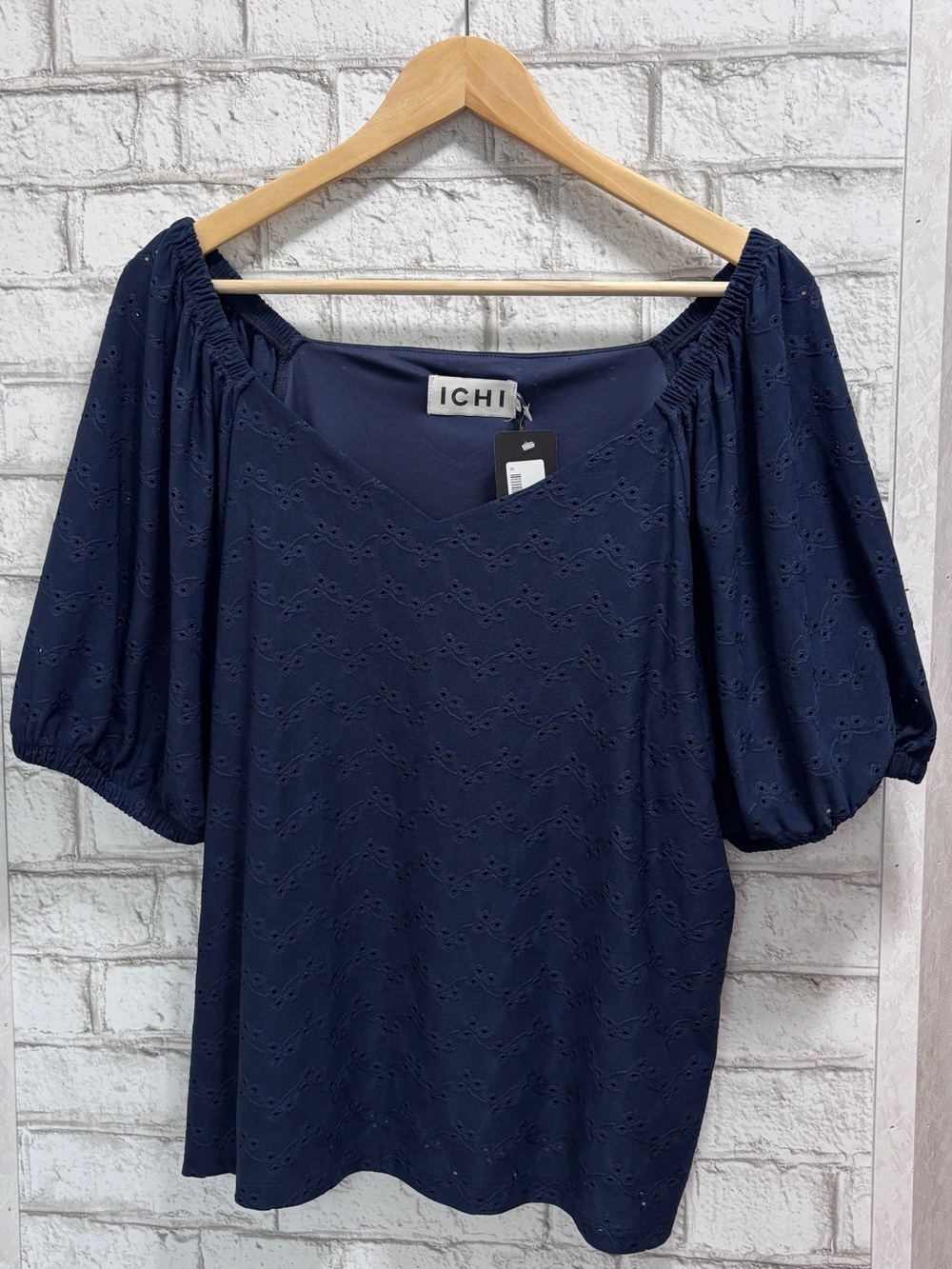 ICHI Navy Eyelet Puff Sleeve Blouse